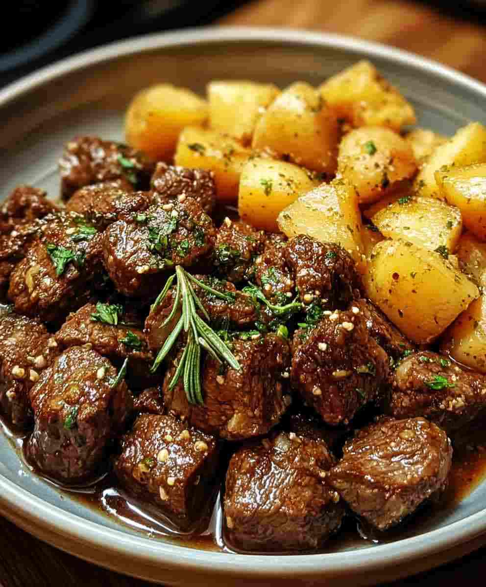 Slow Cooker Garlic Butter Beef Bites & Potatoes